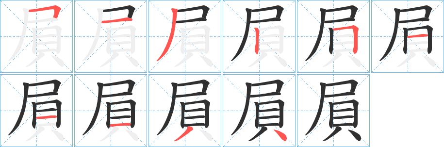 《屓》的筆順分步演示（一筆一畫寫字）