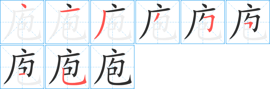 《庖》的筆順分步演示（一筆一畫寫字）