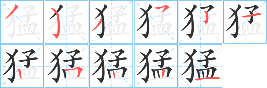 《猛》的筆順分步演示（一筆一畫寫字）